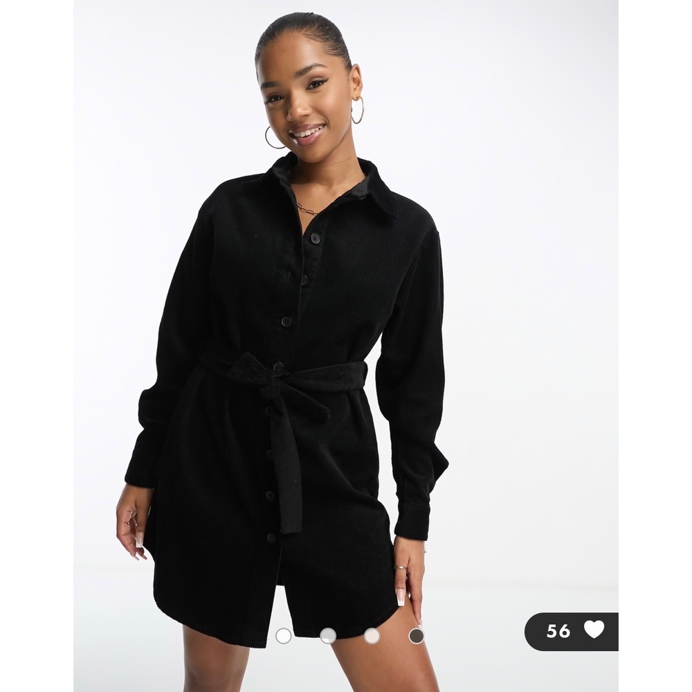 ASOS DESIGN Corduroy Shirt Dress Women Size 10 Black Excellent Belted Retro Mini